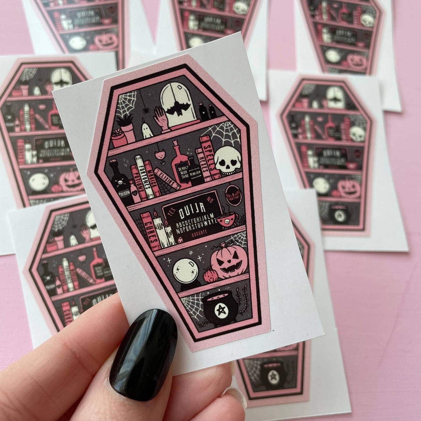 Spooky Coffin Shelf Pink Vinyl Sticker