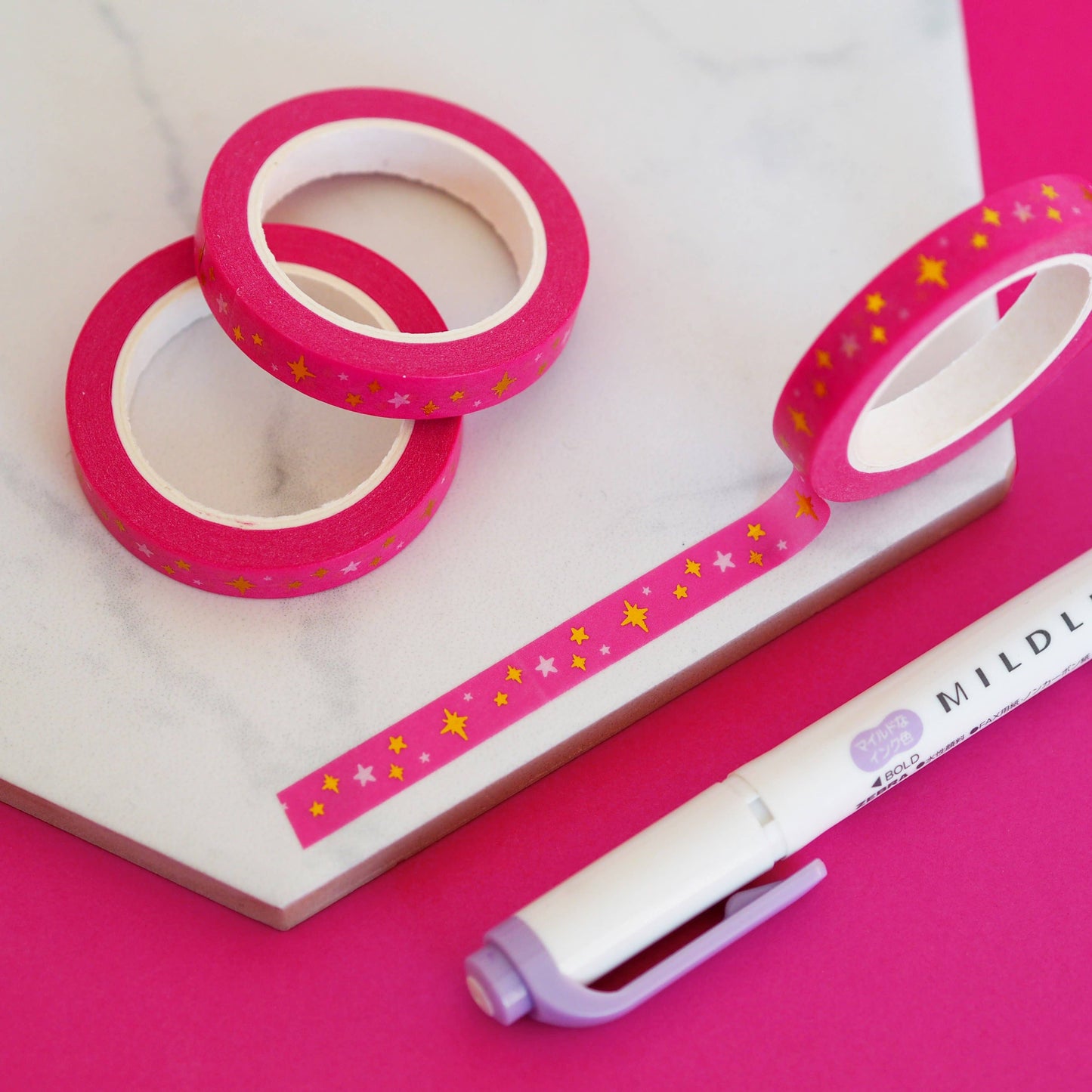 Pink Stars Gold Foil Washi Tape