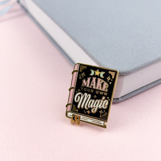 Make your own magic spell book enamel pin in black, pink and gold