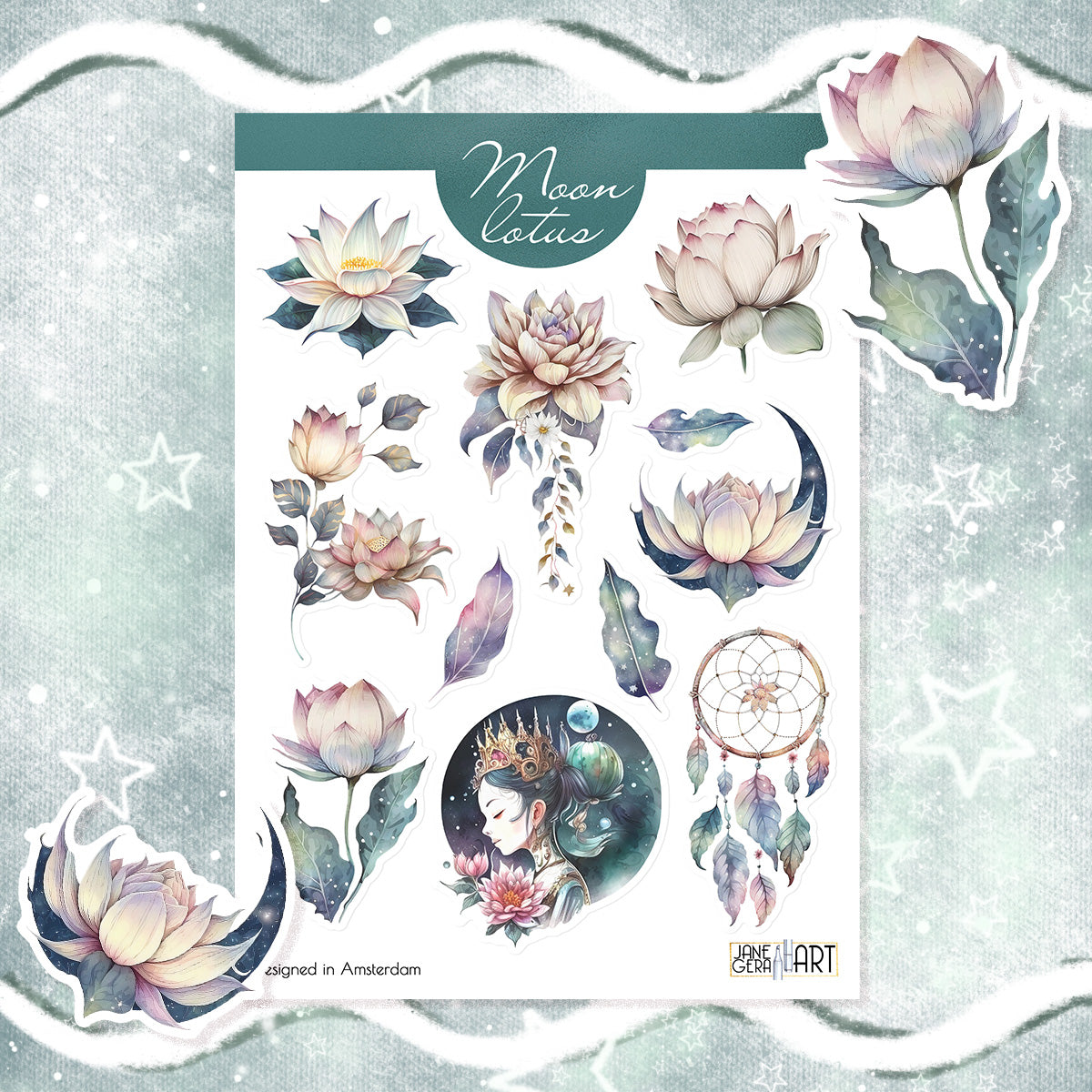 Celestial Lotus & Moon Sticker Sheet