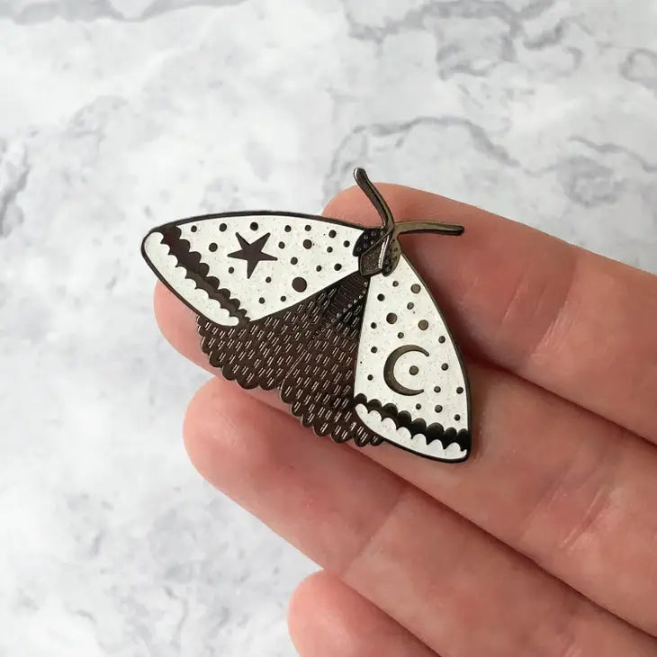 White Glitter Celestial Moth Enamel Pin - Leo & Blossom