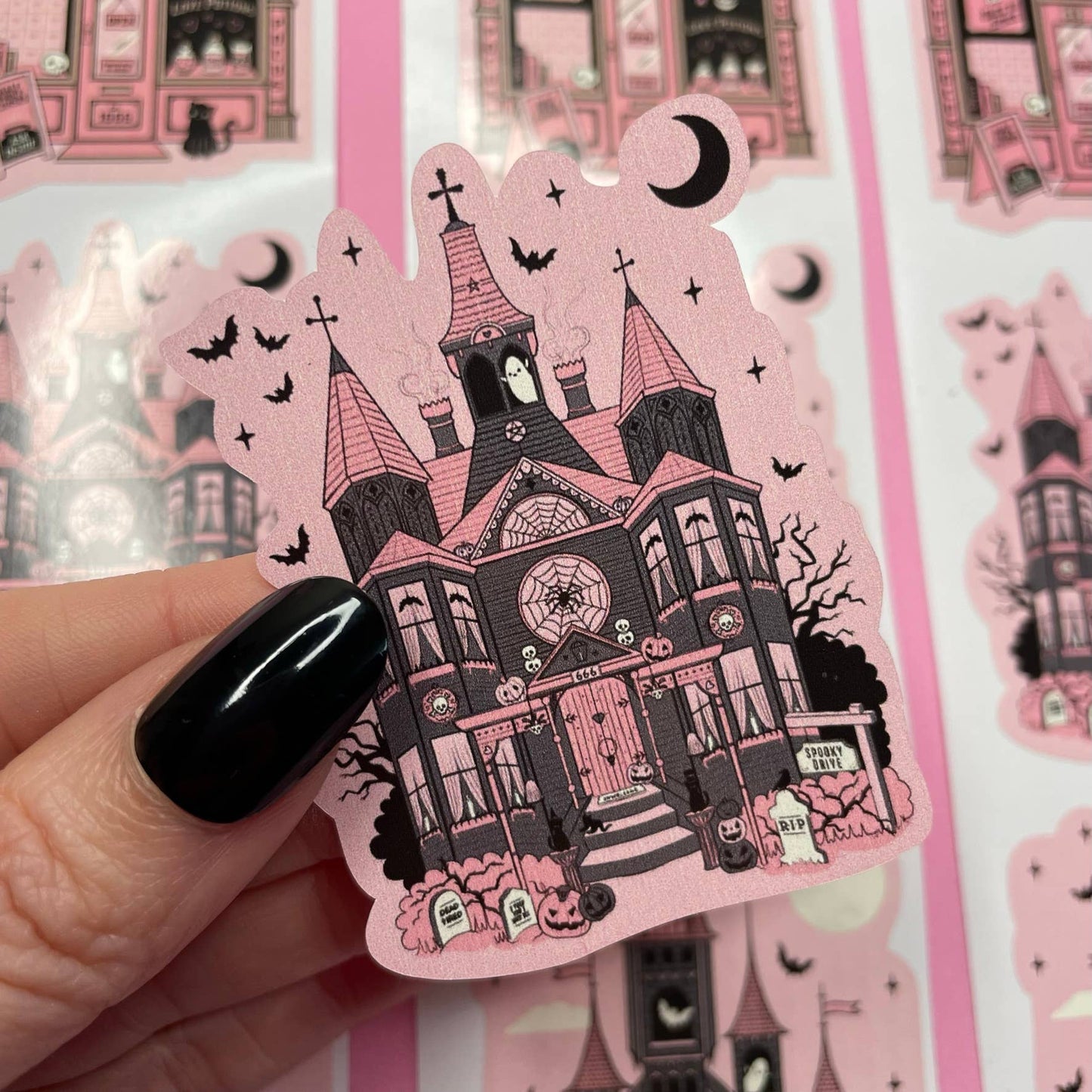 Pink & Black Haunted House Vinyl Sticker