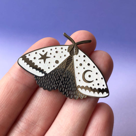 White Glitter Celestial Moth Enamel Pin - Leo & Blossom